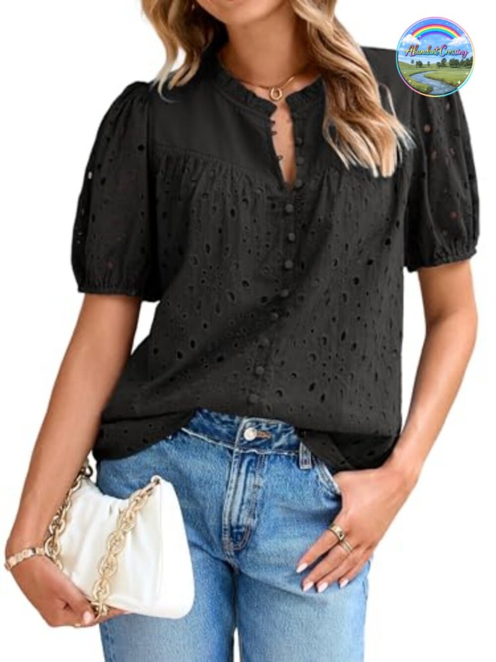 Cotton Eyelet Embroidered Puff Sleeve Blouse Button Down Dressy Shirt